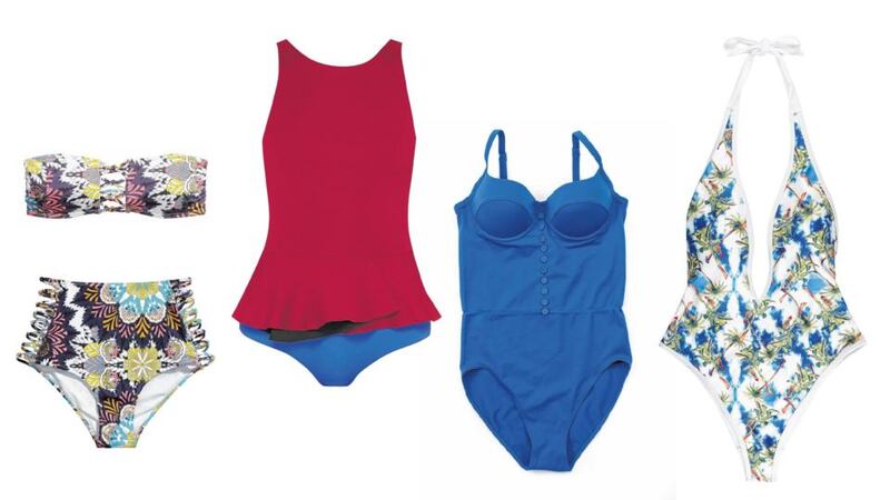 H&M printed top, €4.99, and bottom €12.99; Roksanda swimsuit, €325 at Brown Thomas; Wolford swimsuit, €79 at Kildare Village; Asos palm-print high-leg plunge swimsuit, €29.58