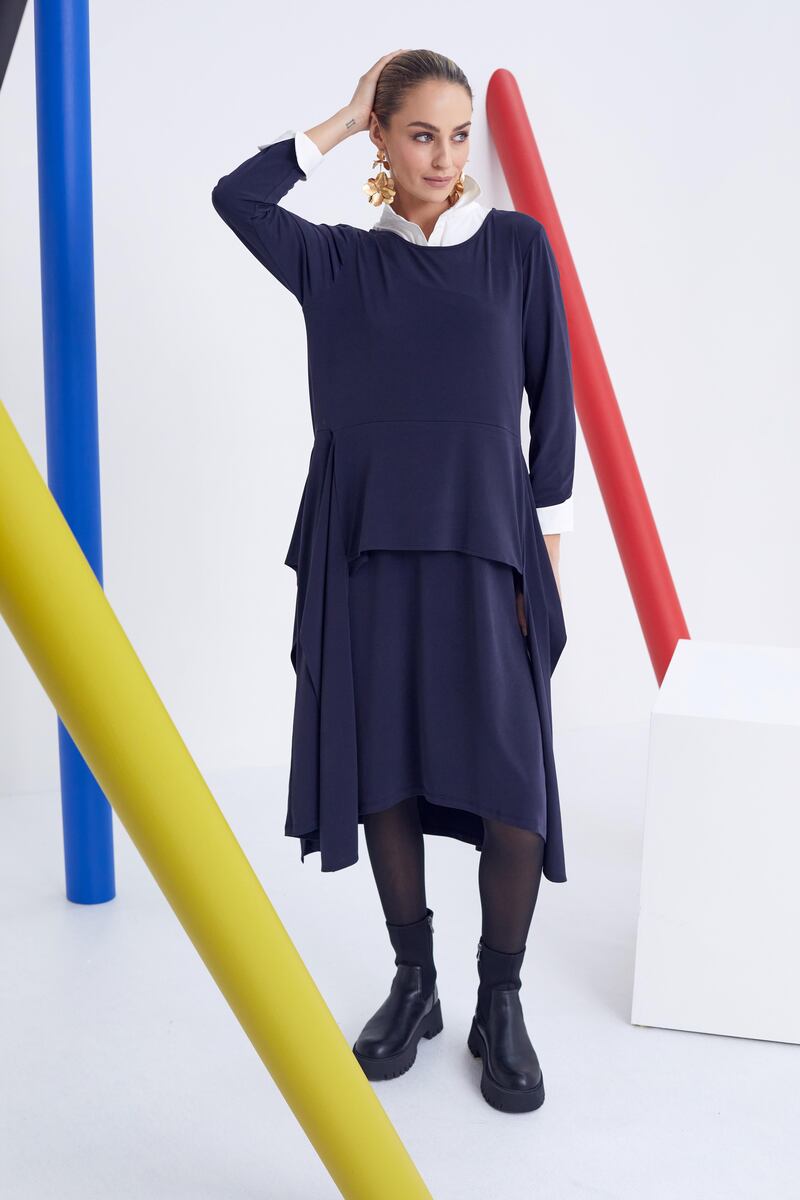 Navy jersey panel blouse €137, dress with peplum €160