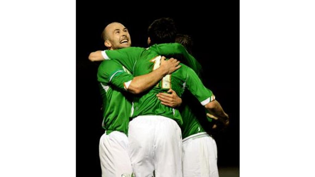 Paul Keegan (left) celebrates with Killian Brennan after the
latter scored against Slovakia