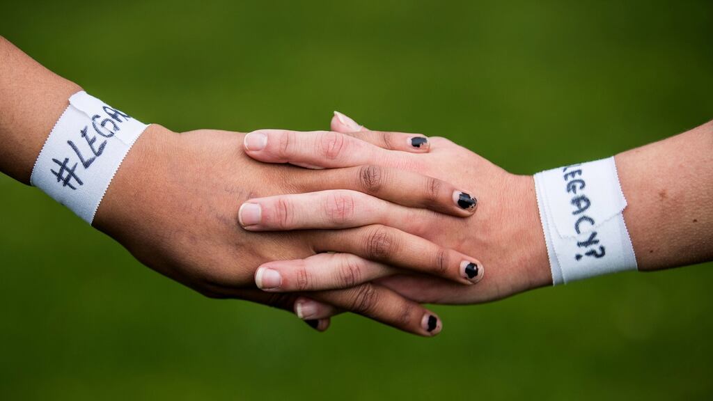 “Legacy” wristbands: Players are insistent that the World Cup, hosted in UCD and Belfast, showed the importance of filling the currently vacant position with a highly qualified, full-time professional coach. Photograph: Oisín Keniry/Inpho