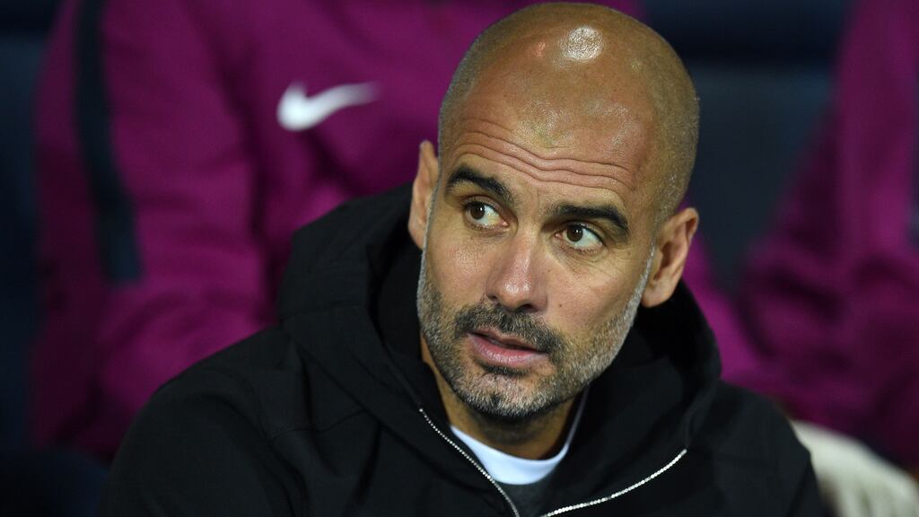 Manchester City’s manager Pep Guardiola awaits kick-off in his team’s League Cup soccer match against West Bromwich Albion, at The Hawthorns. Photograph: Oli Scarff/AFP/Getty Images