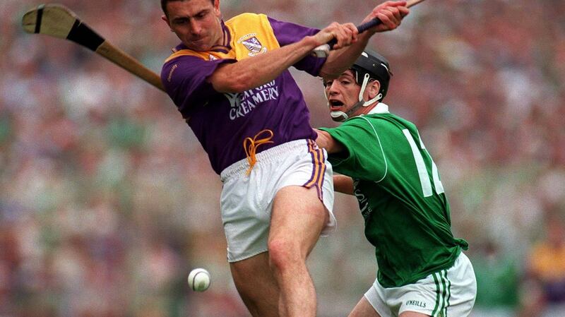 Larry O’Gorman in action for Wexford during the 1996 All-Ireland victory over Limerick. “I feel that spirit of ’96 when it began to dawn on us and Liam Griffin was drilling it into us, ‘we’re good enough to compete with anyone’.” Pic: Ray McManus/Sportsfile