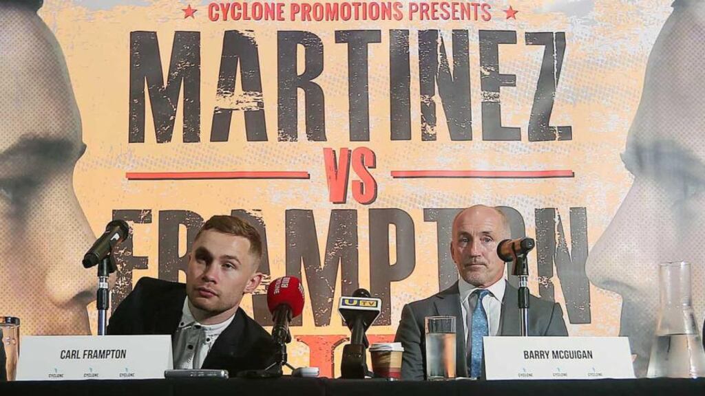 Carl Frampton (second left) at the Europa Hotel in Belfast to announce the IBF super-bantamweight world title bout against current champion Kiko MartinezPhotograph: Cyclone Promotions