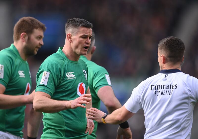 Ireland captain Johnny Sexton speaks to referee Luke Pearce during the match against Scotland at Edinburgh. Photograph: Stu Forster/Getty Images