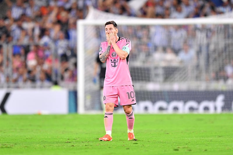 Lionel Messi of Inter Miami reacts against Monterrey in the first half during the Concacaf Champions Cup 2024 Round of 16 second leg at BBVA Stadium. Photograph: Azael Rodriguez/Getty
