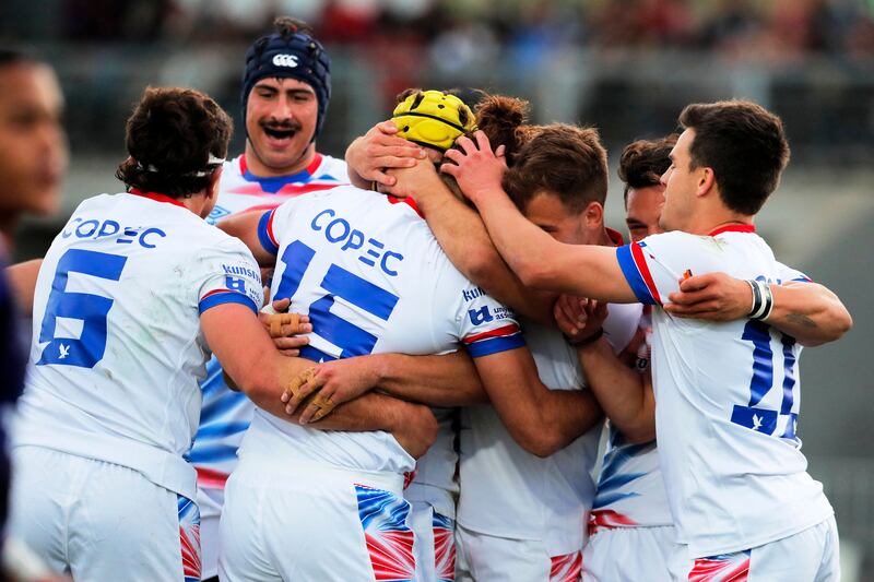 Chile's Iñaki Araya (C) celebrates after scoring a try against Namibia at the Elias Figueroa Stadium in Valparaiso. Los Condores will make history when they compete for the first time in t he World Cup in France. Photograph: Javier Torres/AFP/ via Getty Images