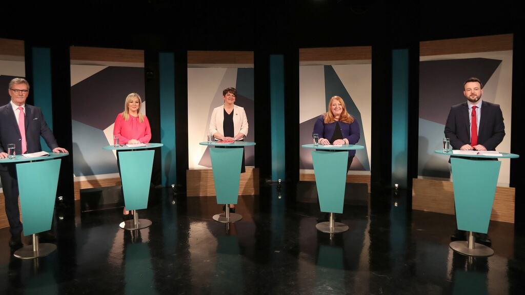 Party leaders Mike Nesbitt, Michelle O’Neill, Arlene Foster, Naomi Long and Colum Eastwood at the UTV studios in Belfast for Thursday’s debate. Photograph: Niall Carson/PA Wire