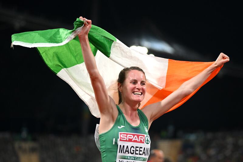 Ciara Mageean celebrates her silver medal win in the 1500m at the European Championships in Munich. 'Going into an Olympic year, having just finished fourth in the world, yes that’s a bittersweet place to be.' Photograph: Matthias Hangst/Getty Images