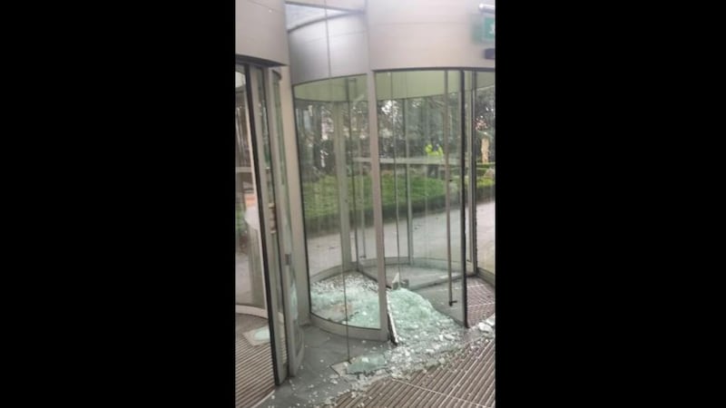 An image tweeted by Fianna Fáil councillor Darragh Butler showing damage to the entrance of the Fingal County Council hall in Swords, Co Dublin.