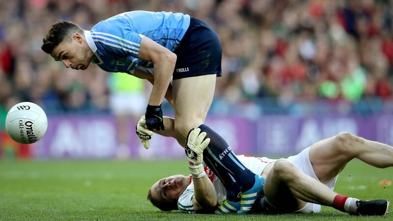 Mayo goalkeeper Robert Hennelly fouls Paddy Andrews to concede a penalty in the 2016 final. Photograph: Ryan Byrne/Inpho
