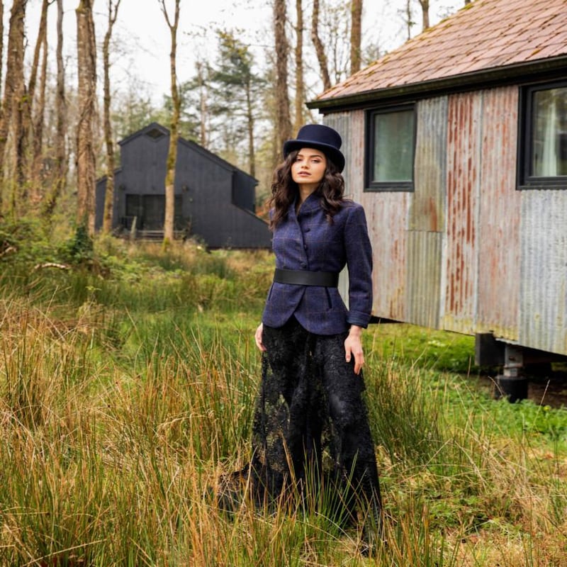 Prussian check tweed asymmetric jacket €255, lace overlay skirt POA