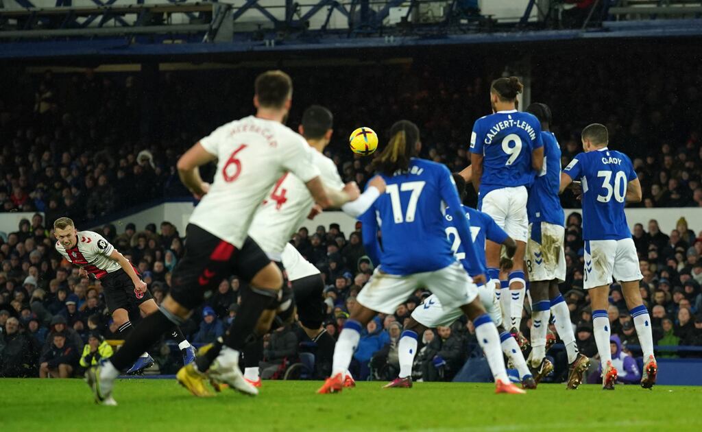 James Ward-Prowse scores his second goal in Southampton's victory over Everton at Goodison Park. Photograph: Peter Byrne/PA Wire