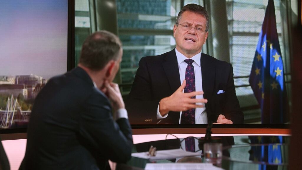 European Commission Vice President Maros Sefcovic appeared virtually before a Stormont committee on Wednesday. Photograph: Jeff Overs/BBC/PA Wire