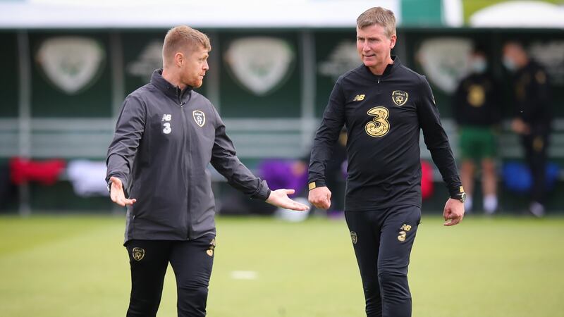 Damien Duff and Stephen Kenny at an Ireland training session at Abbotstown. Photograph: Ryan Byrne/Inpho