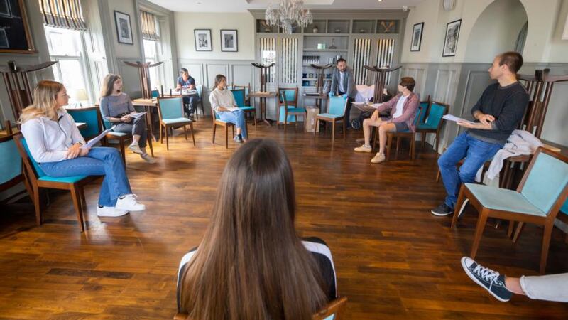 Dario Cavaliere of Azzurro restaurant briefing the staff on what to expect when they reopen on June 29th.  Photograph: Patrick Browne