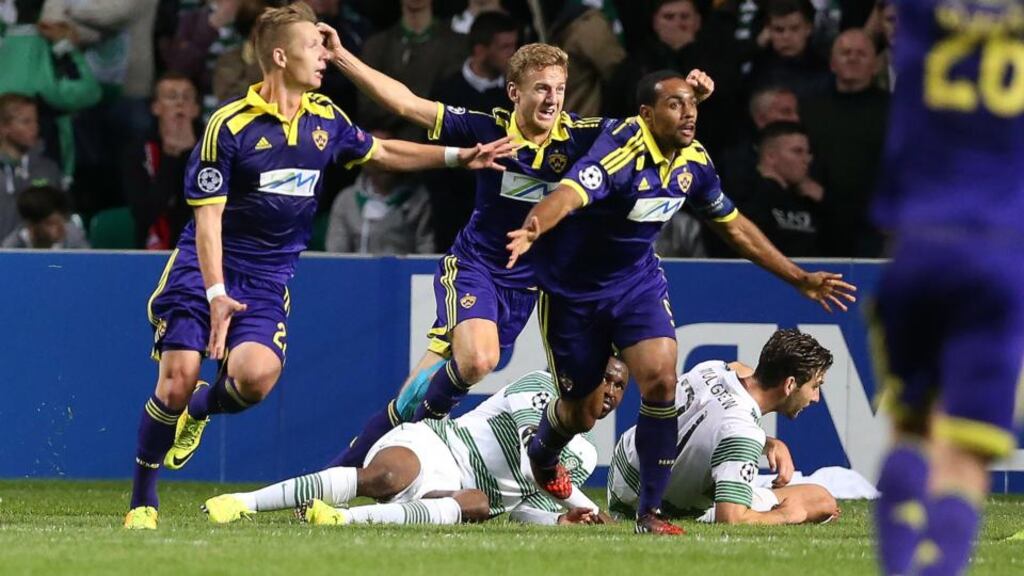 Morales Tavares of NK Maribor celebrates after scoring against Celtic in the  Uefa  Champions League Play-Offs Round, second leg, at   at Celtic Park. Photograph:  Ian MacNicol/Getty Images