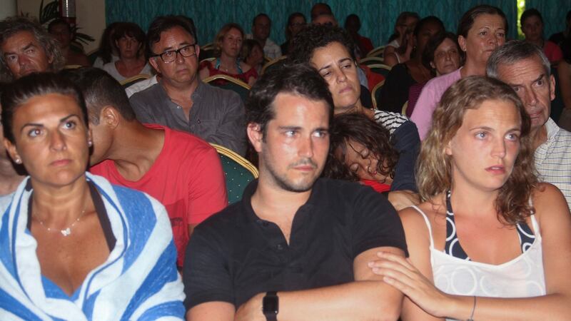 Air France passengers pictured during a briefing attended by Kenya’s Interior Cabinet Secretary Joseph Nkaissery after being evacuated from Moi International airport in Mombasa on Sunday. Photograph: EPA