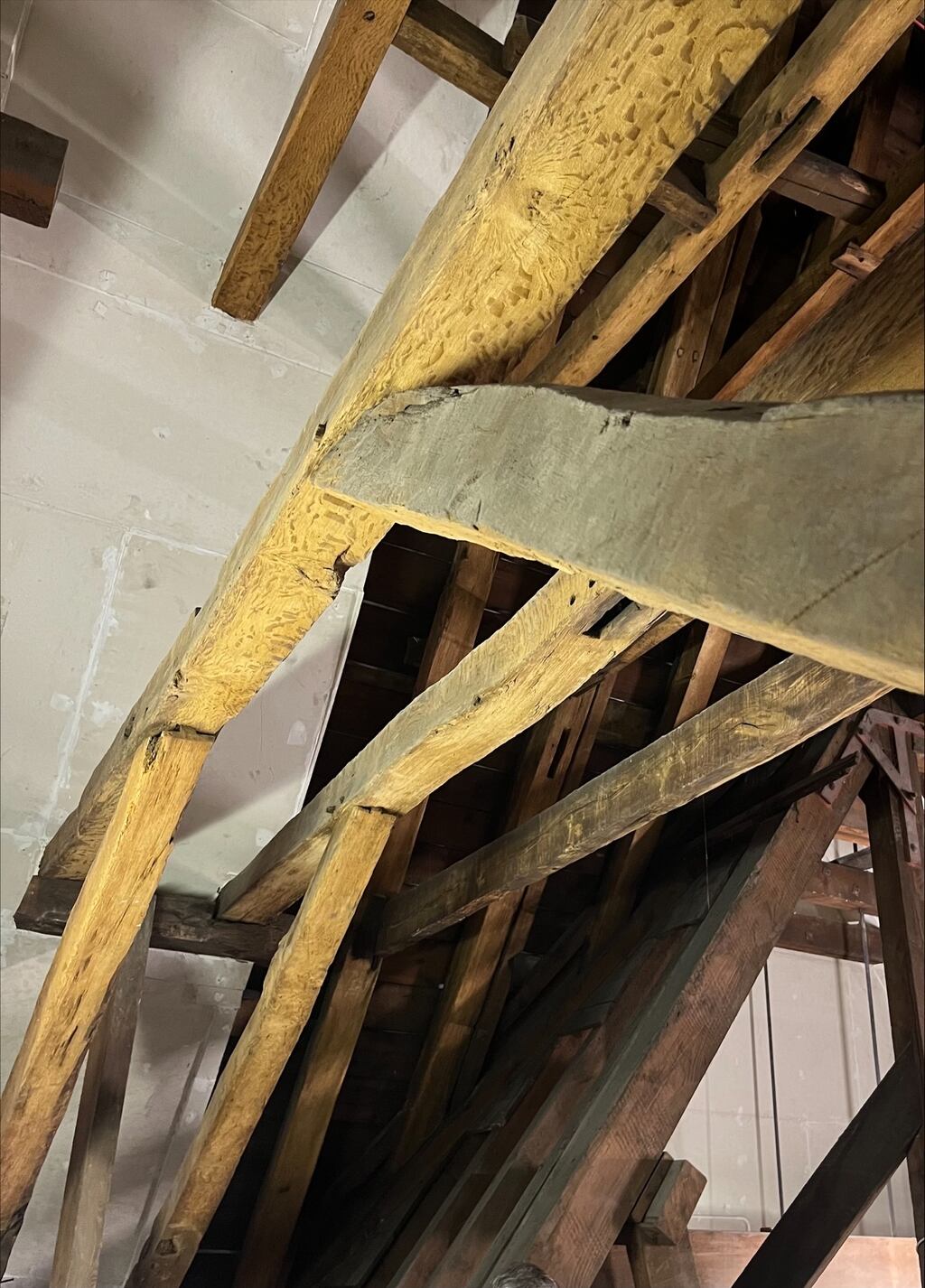 Among the features up there are oak beams from a tree that dendrochronologists calculate was planted circa the year 1250 and cut down in 1327