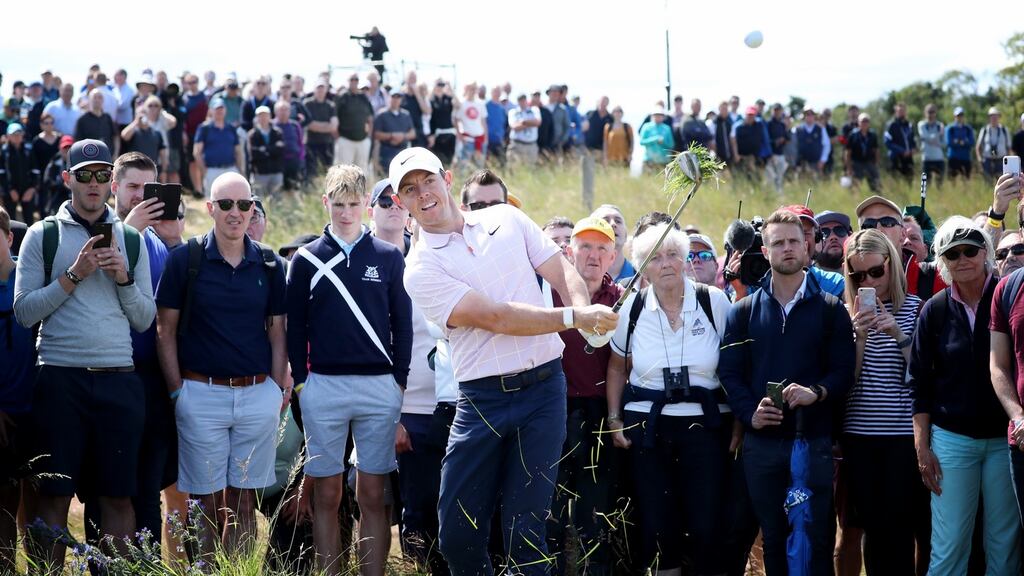 Rory McIlroy hits a shot out of the rough on the second hole during day two of the Aberdeen Standard Investments Scottish Open at The Renaissance Club, North Berwick. Photo: Jane Barlow/PA Wire