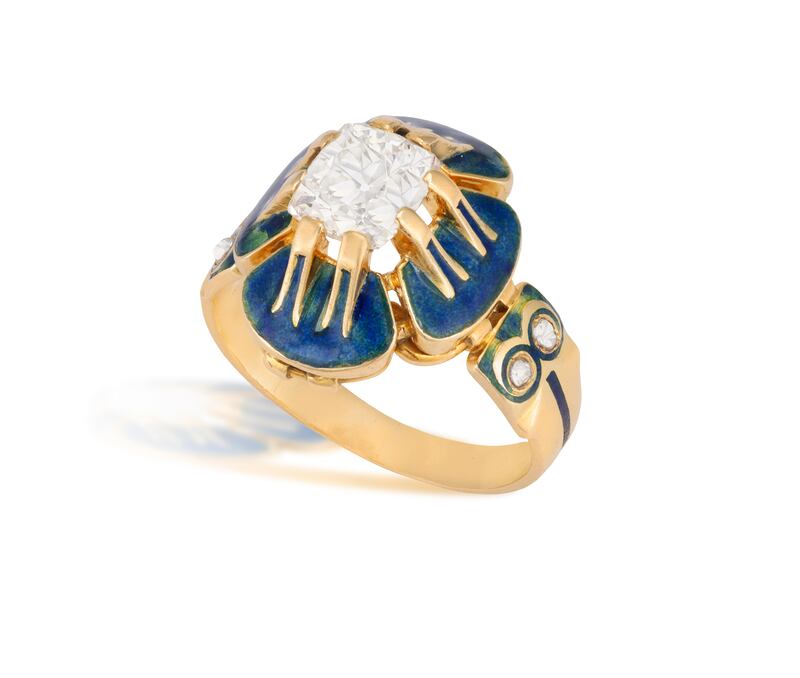 Art nouveau enamel and diamond ‘Pansy’ ring made around 1900 by Charles Rivaud
