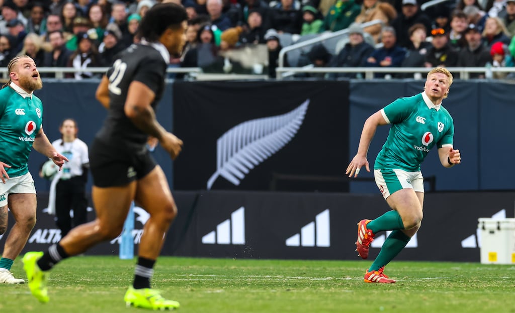 Ireland’s Paddy McCarthy comes on for his international debut, against New Zealand, at Soldier Field, Chicago last Saturday. Photograph: Gary Carr/Inpho