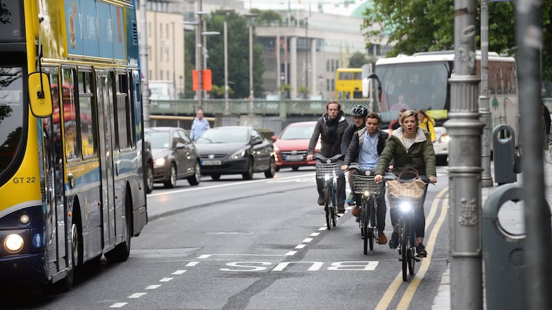 The new traffic layout along the quays at Ormond Quay Lower, Dublin. Photograph: Dara Mac Dónaill