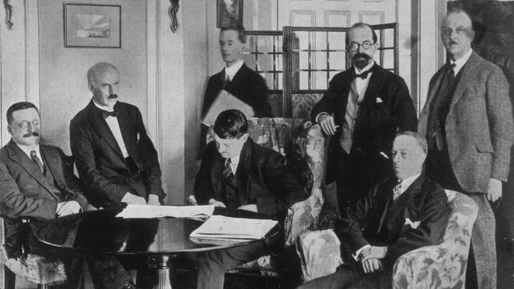 The Irish delegation on the day, December 6th, 1921, that the Treaty forming the Irish Free State and partioning Ireland was signed (from left): Arthur Griffith, Eamonn Duggan, Erskine Childers, Michael Collins, George Gavan Duffy, Robert Barton and John Chartres. Photograph: Hulton Archive