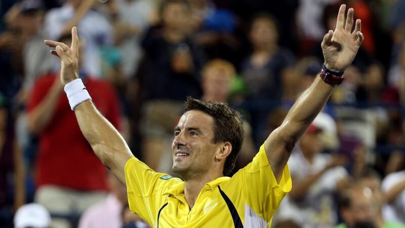 Tommy Robredo of Spain  after defeating Roger Federer of Switzerland in their fourth round men’s singles match at the US Open. Photograph: Clive Brunskill/Getty Images