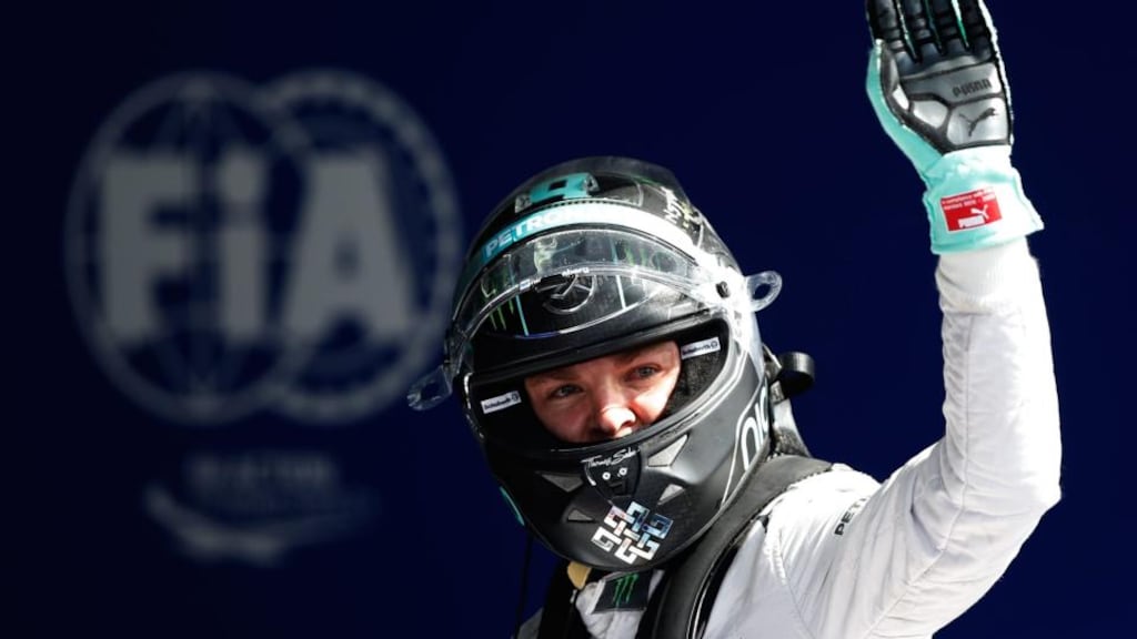 Mercedes driver Nico Rosberg of Germany after claiming pole position for the Belgian grand Prix at the Spa-Francorchamps. Photograph: Valdrin Xhemaj / EPA