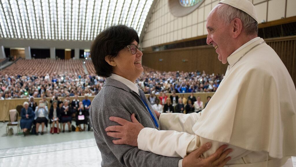 Pope Francis is greeted by Sr Carmen Sammut, a Missionary Sister of Our Lady of Africa, during an audience with the International Union of Superiors General at the Vatican on Thursday. Photograph: Osservatore Romano/Reuters