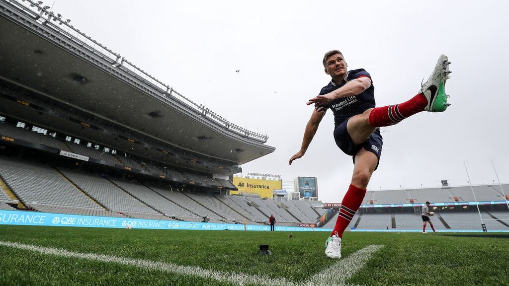 Lions outhalf Owen Farrell gets in some kicking practice at Eden Park  Stadium. Photograph: Dan Sheridan/Inpho