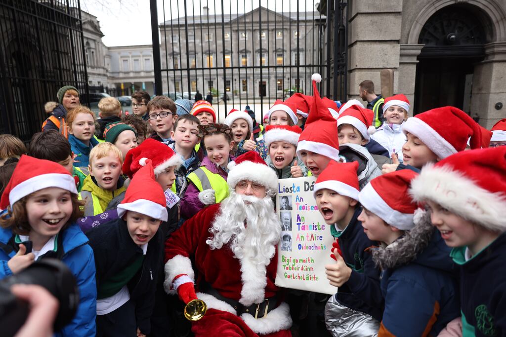 Schoolchildren from Gaelscoileanna in Dublin 2, 4, 6 and 8 gathered outside the Dáil as part of a campaign for a new Irish language secondary school in the area. Photograph: Dara Mac Dónaill