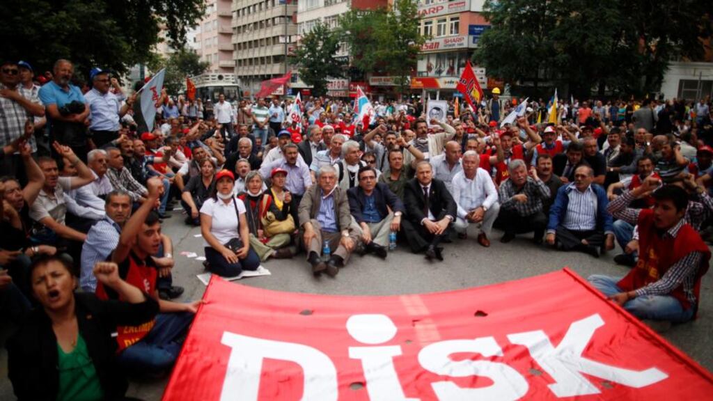 Members of the Confederation of Revolutionary Trade Unions of Turkey (Disk) take part in a protest in central Ankara yesterday. Photograph: Dado Ruvic/Reuters