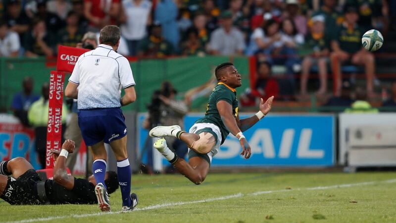 South Africa’s Aphiwe Dyantyi in action during the Rugby Championship match against New Zealand at Loftus Versfeld stadium in Pretoria. Photograph: Siphiwe Sibeko/Reuters