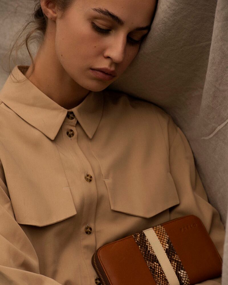 Peelo Zip Around wallet in cognac and cream Italian leather, €165