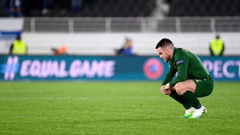 A dejected Aaron Connolly after Ireland’s defeat in Helsinki. Photograph: Emmi Korhonen/PA