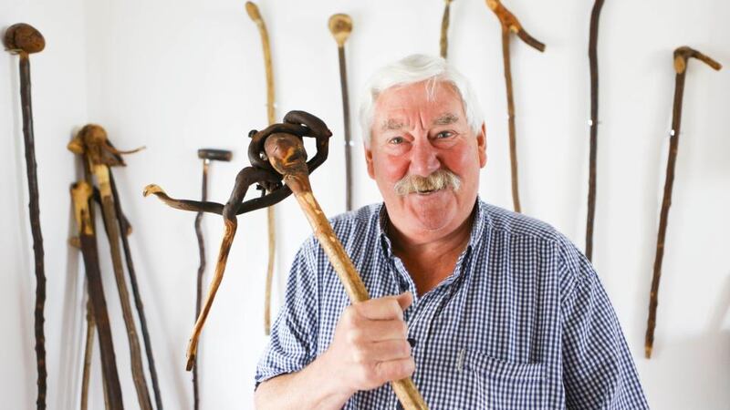 Seanie Barron, a seanachaí from Askeaton, Co Limerick, who makes walking sticks with embedded coins, bullets and animal bones. Photograph: Brian Gavin/Press 22