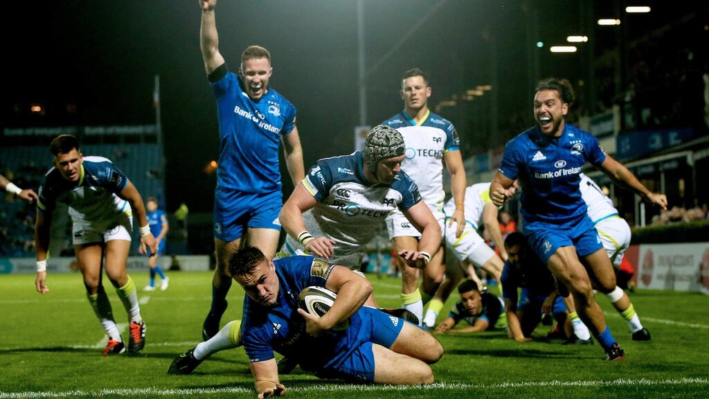 Leinster’s Ronan Kelleher scores his second try during the Pro14 win over Ospreys. Photo: Tommy Dickson/Inpho
