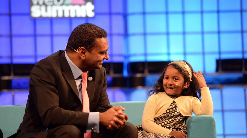 Eva Panicker and her father Roopesh speaking on the eve of summit event the Future of Ireland, at the RDS, Dublin. Photograph: Eric Luke/The Irish Times