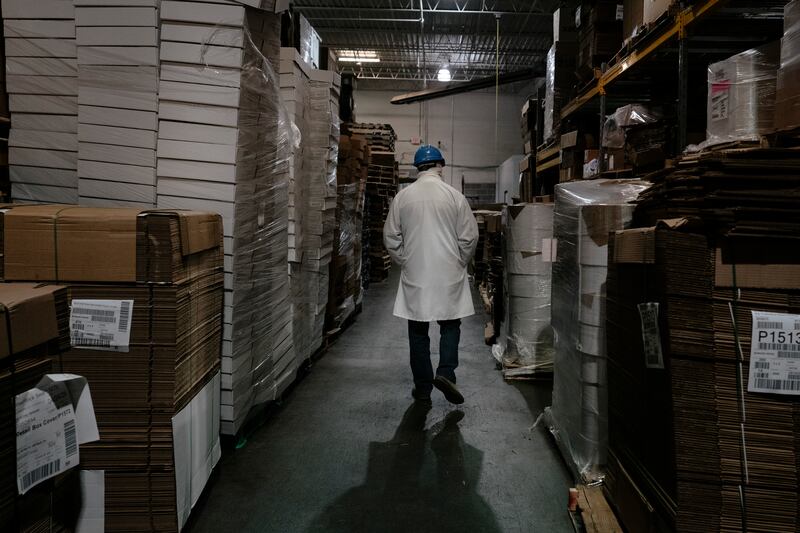 An employee at the Glenn Valley Foods meatpacking plant in Omaha, Nebraska. Photograph: Erin Schaff/ The New York Times