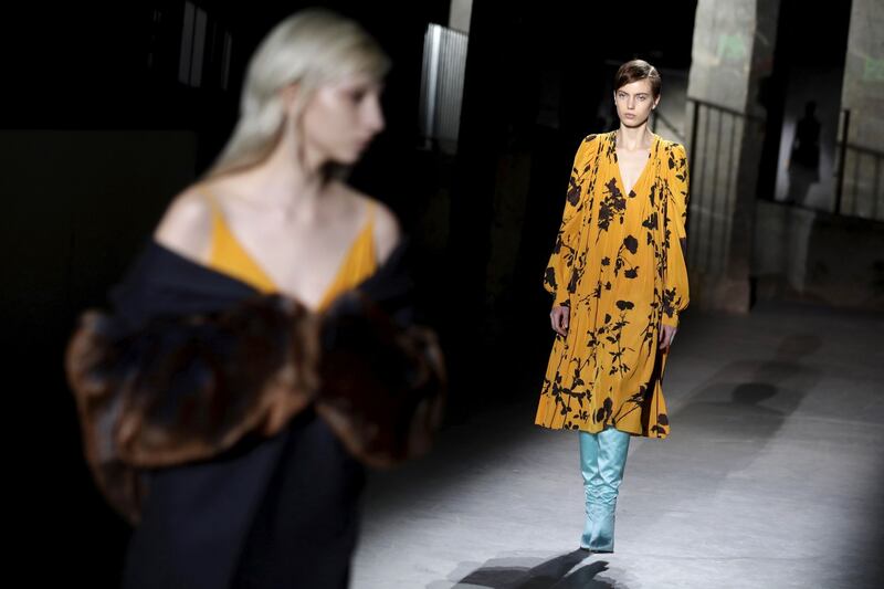 A model presents a creation by Dries Van Noten. Photograph: Thomas Samson/AFP/Getty