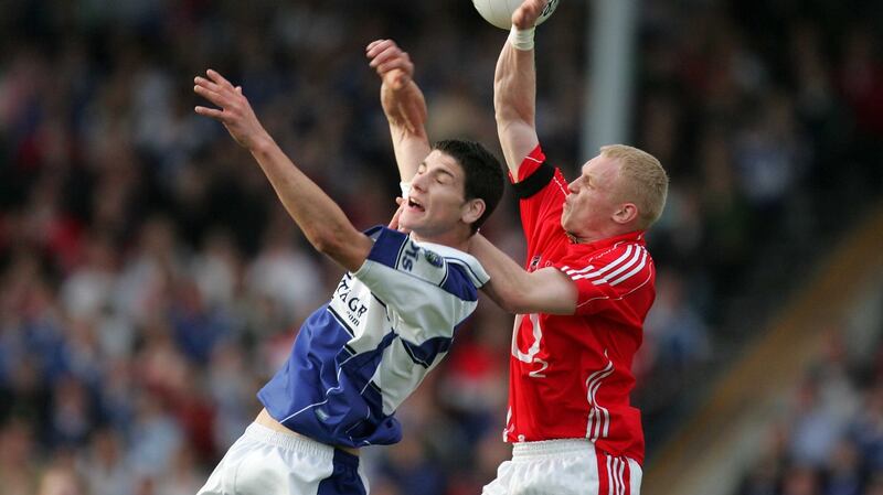 Laois’s Brendan Quigley contests a high ball with Cork’s Carthach Keane in the 2007 All-Ireland under-21 final. Cork won 2-10 to 0-15. Photograph: Morgan Treacy/Inpho