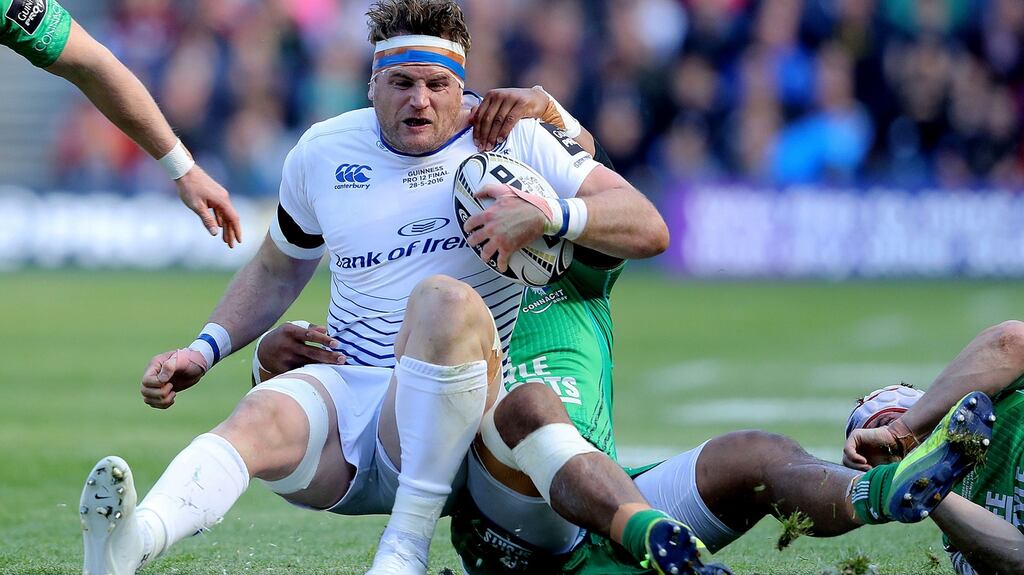 Connacht’s Bundee Aki tackles Leinster’s Jamie Heaslip during the Guinness Pro 12 final at BT Murrayfield, Edinburgh, on Saturday. Photograph: Dan Sherida
