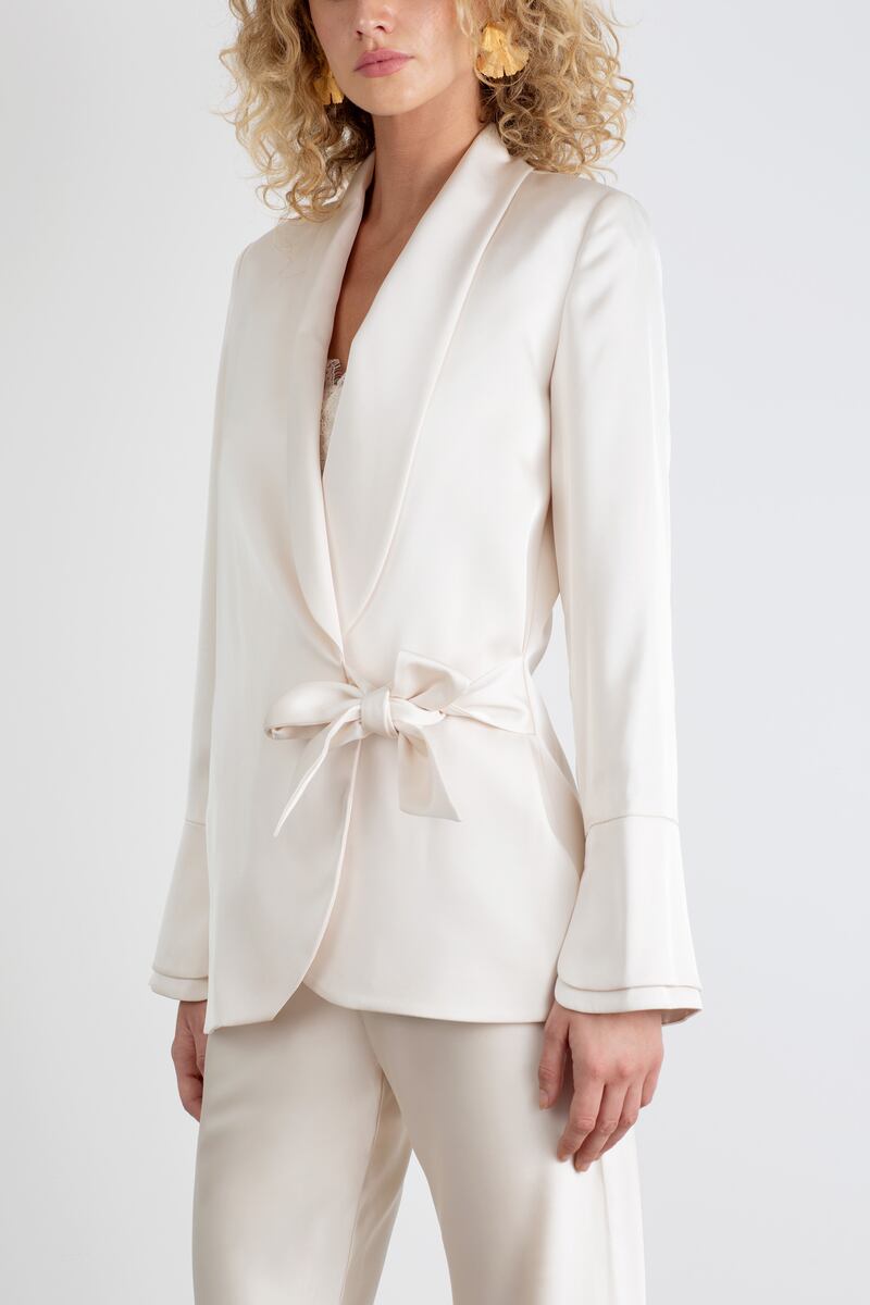 The Sarah cream wrap blazer in polysilk by Sinead Keary, €179
