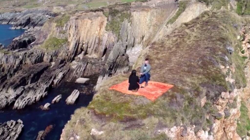 Screenshot of drone footage of Blue Cassidy’s proposal to his girlfriend Maria.
