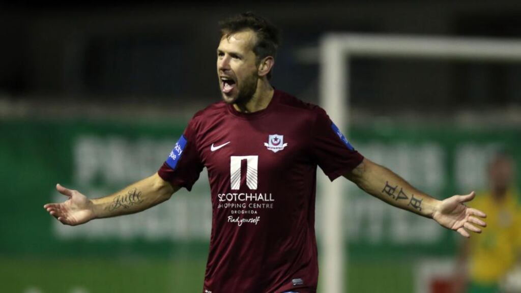 Drogheda’s Declan O’Brien celebrates scoring what turned out to be the only goal of the game against Bohemians. Photograph: Donall Farmer/Inpho