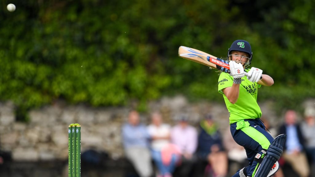 Ireland captain Kim Garth hits a four during the T20 International against the West Indies at Sydney Parade. Photograph: Harry Murphy/Sportsfile