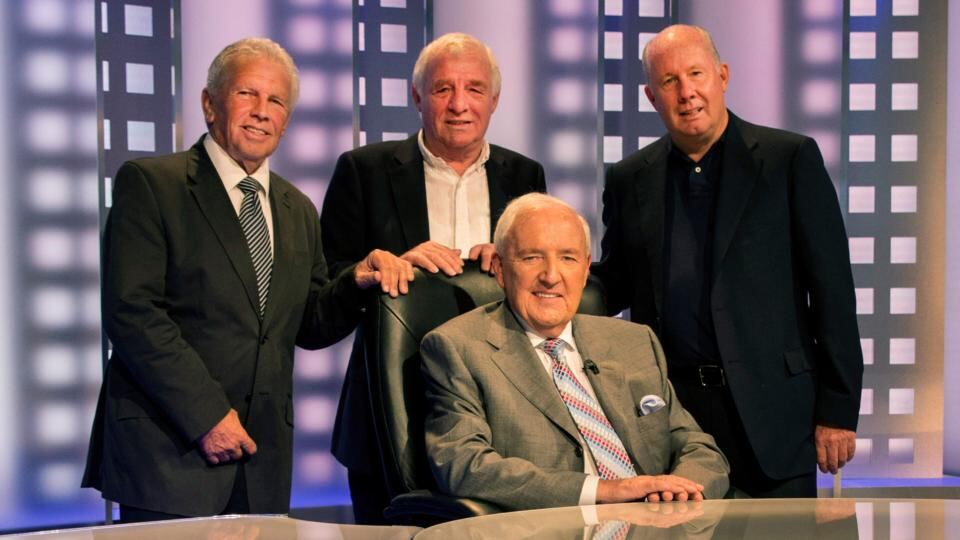 Retirement party: Brady (far left) with Bill O’Herlihy (seated), John Giles and Eamon Dunphy. Photograph: Steve Langan/INPHO