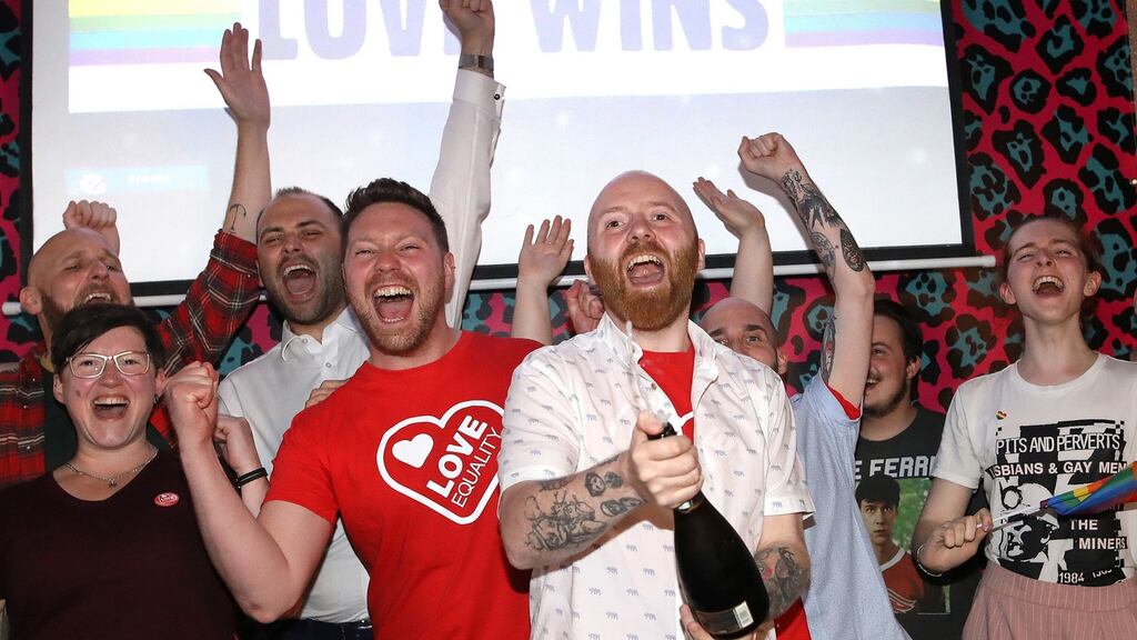 Members of the LGBT community celebrate in Belfast, as same-sex marriage in Northern Ireland came a step closer. Photograph: Peter Morrison/PA
