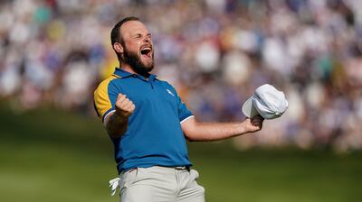 Tyrrell Hatton celebrates his singles victory over Brian Harman in Rome. Photograph: Matteo Ciambelli/Inpho